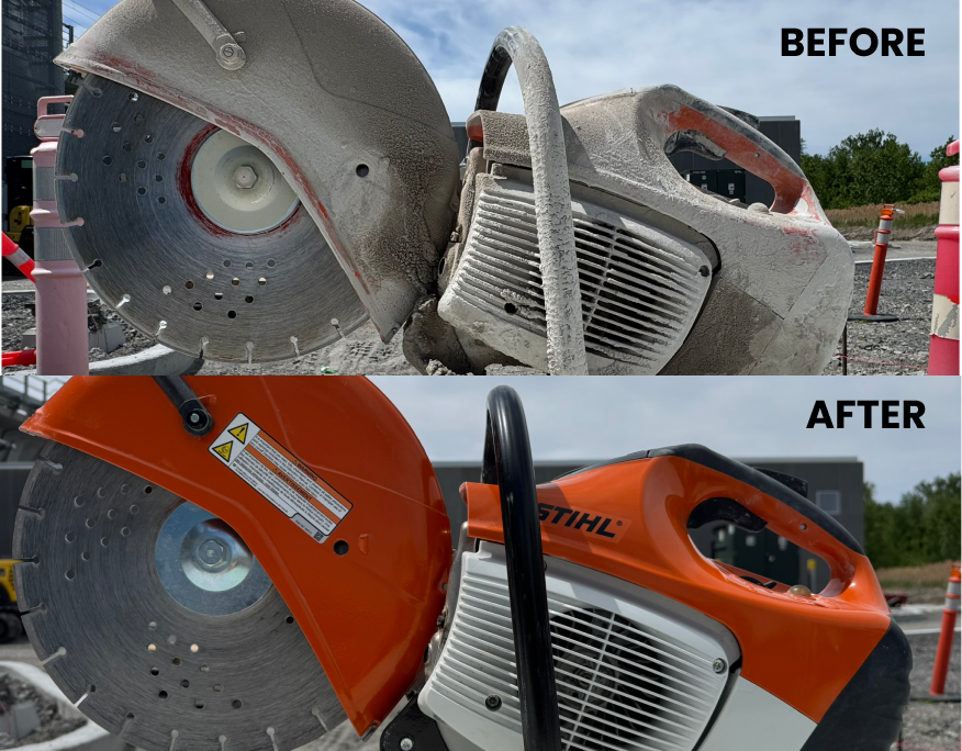 Before and after images of a concrete saw, showing cleaning or restoration.