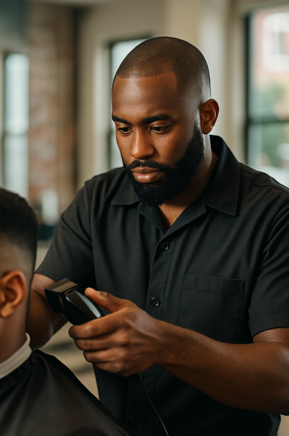 Barber trimming a client's hair with clippers in a salon.
