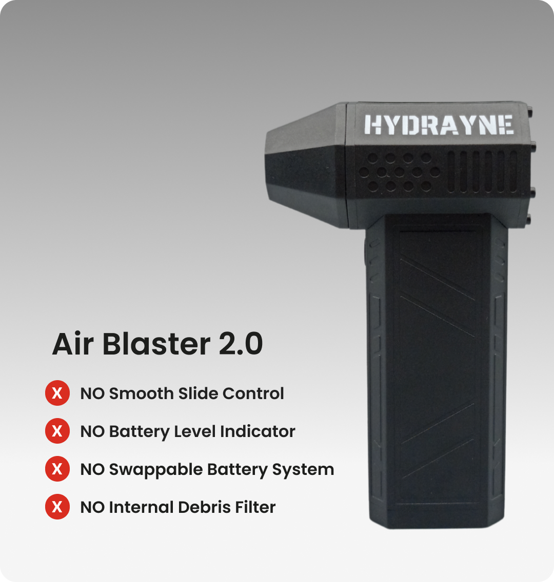 Black air blaster with text listing missing features on a gray background.