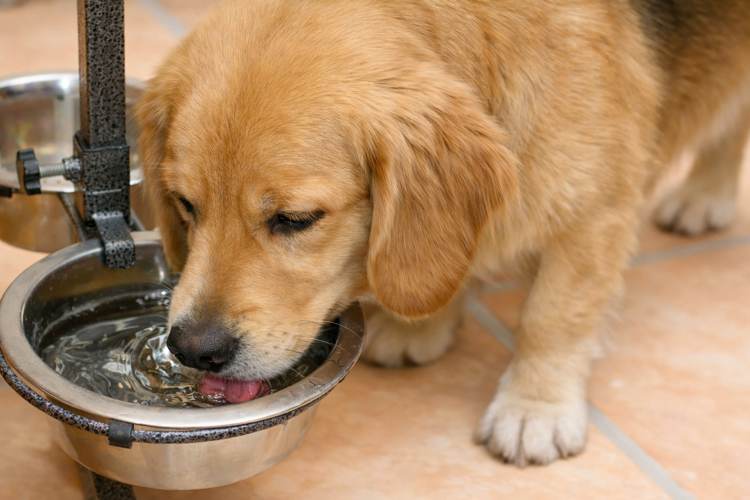 A close-up of a light brown dog drinking water from a metal bowl held in a stand.