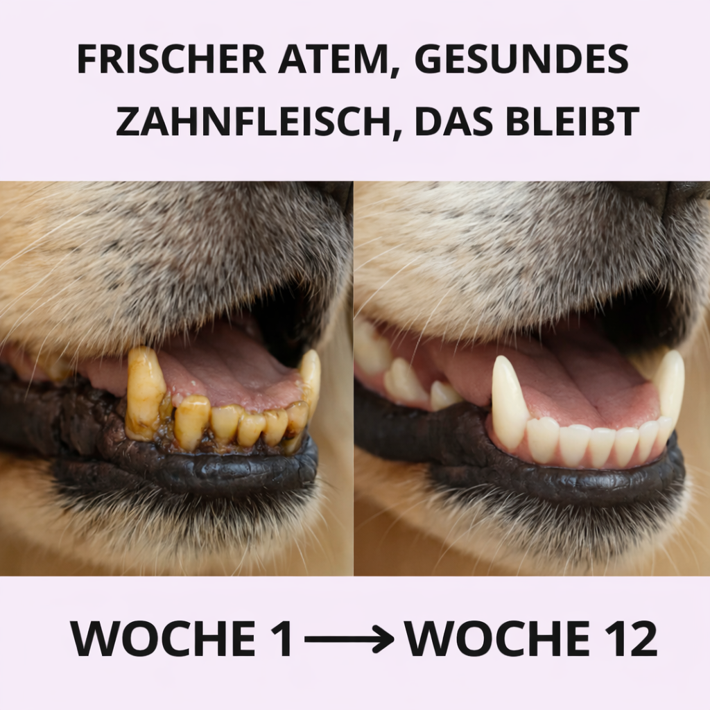 A before and after comparison of a dog's teeth, showing them cleaned from yellow plaque to pearly white.