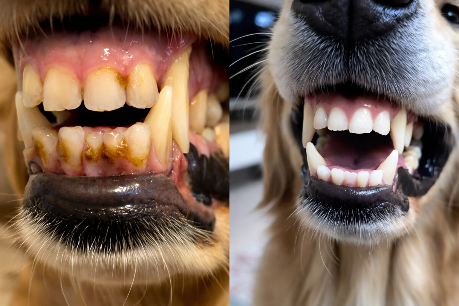 A before and after image showing a dog's teeth with plaque buildup and the same teeth after cleaning.