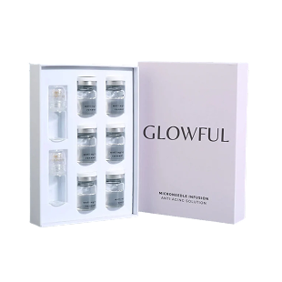 Pink box labeled 'GLOWFUL' with six small bottles and two applicators inside.