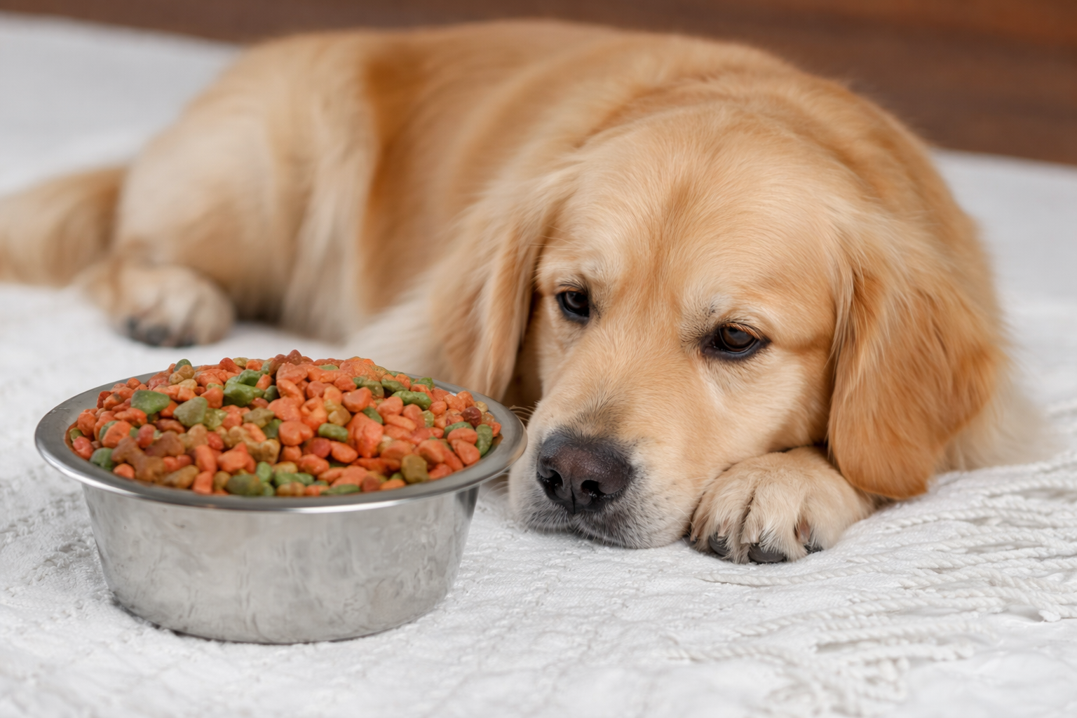 A golden retriever lies on a white blanket with its head down next to a full bowl of food.