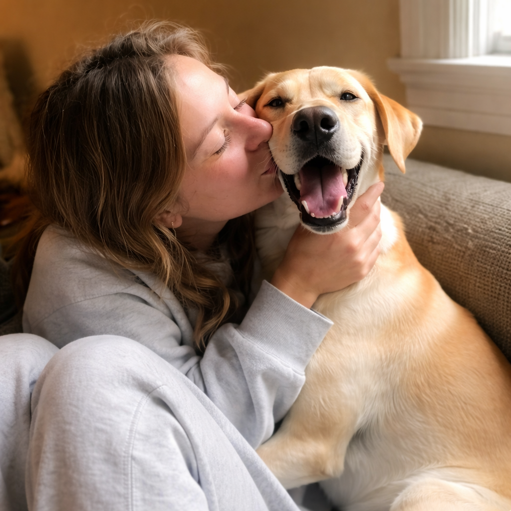 A young woman with long brown hair kisses a happy-looking yellow dog on the cheek.