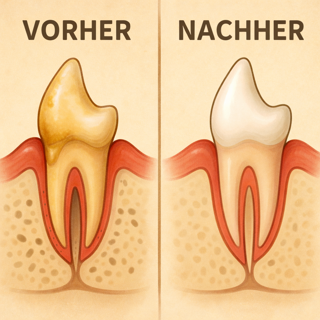 A before and after illustration of a stained, yellow tooth becoming clean and white, with German labels.