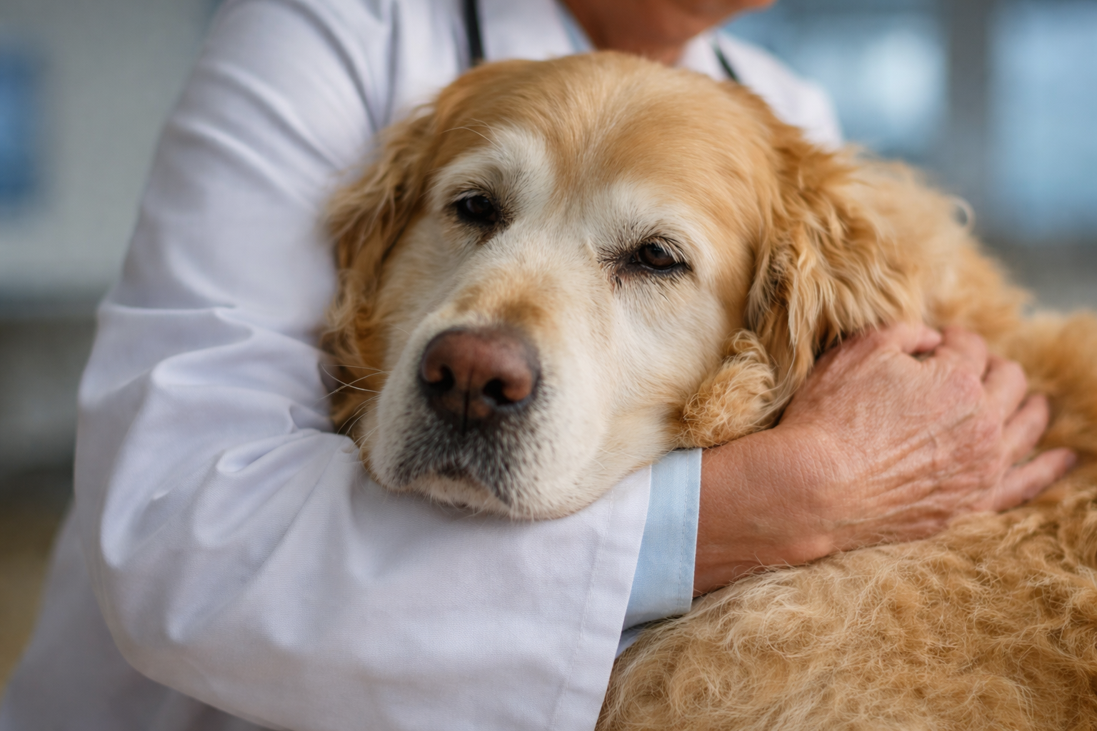 A veterinarian in a white coat holding a golden retriever in their arms.
