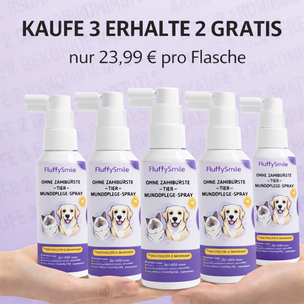A promotional image shows a hand holding five bottles of FluffySmile pet mouth care spray.