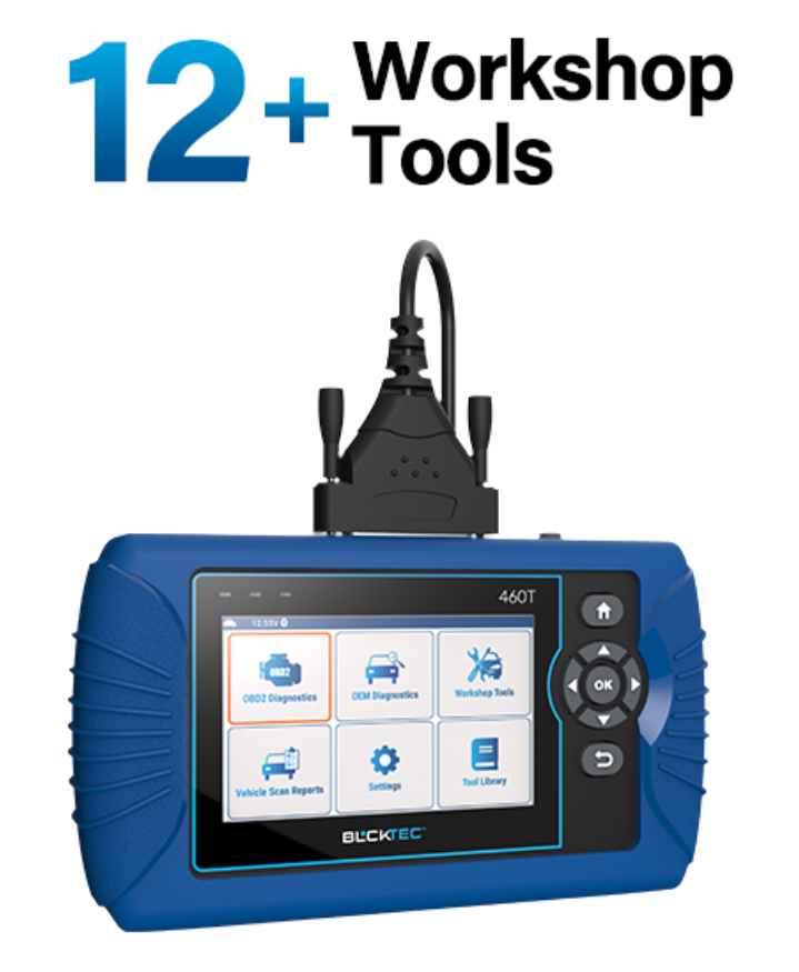 Blue diagnostic tool with screen displaying various automotive functions.