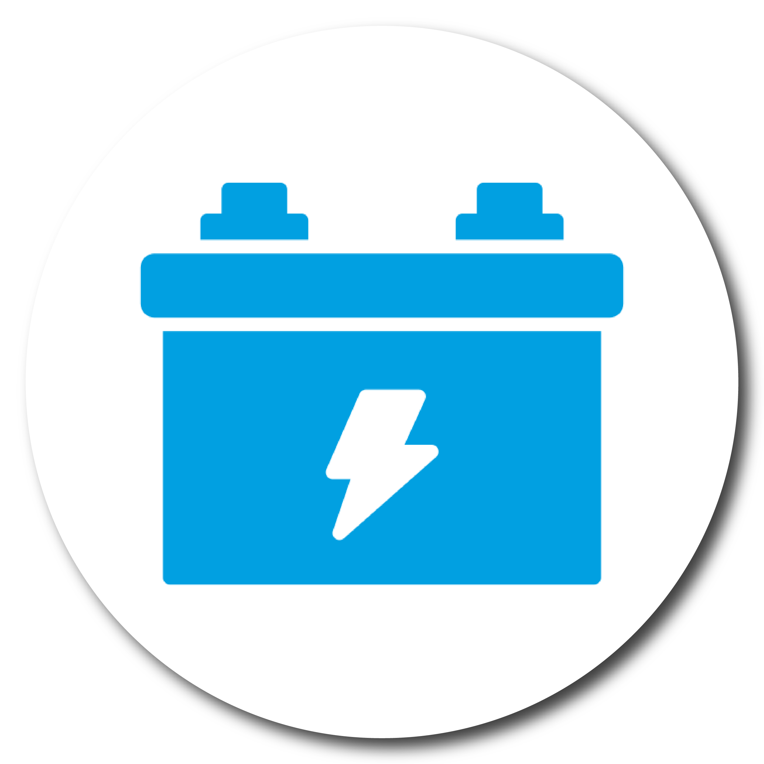 Blue battery icon with a lightning bolt on a white background.