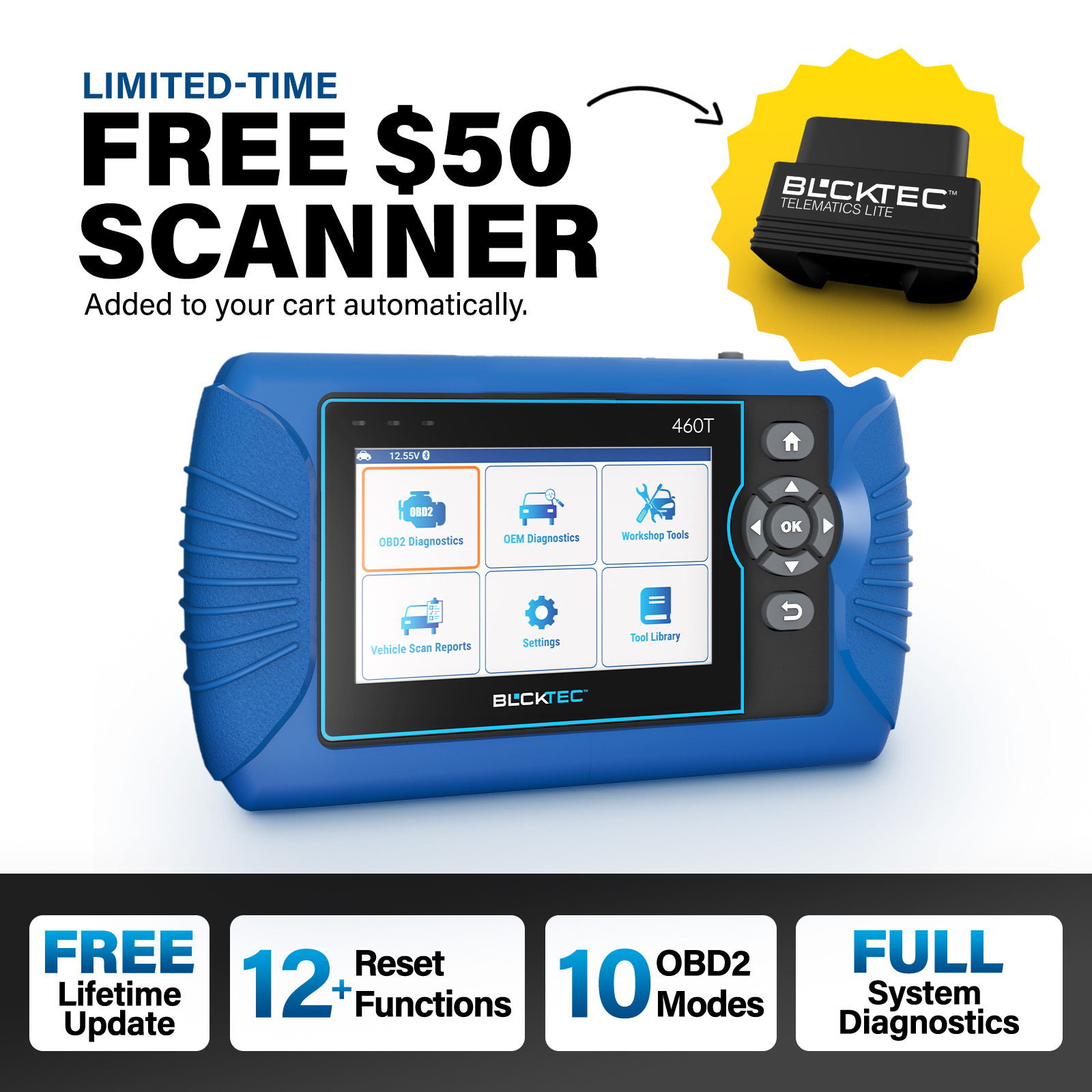 A promotional image of two automotive diagnostic scanners with text overlays highlighting features and a limited-time offer.
