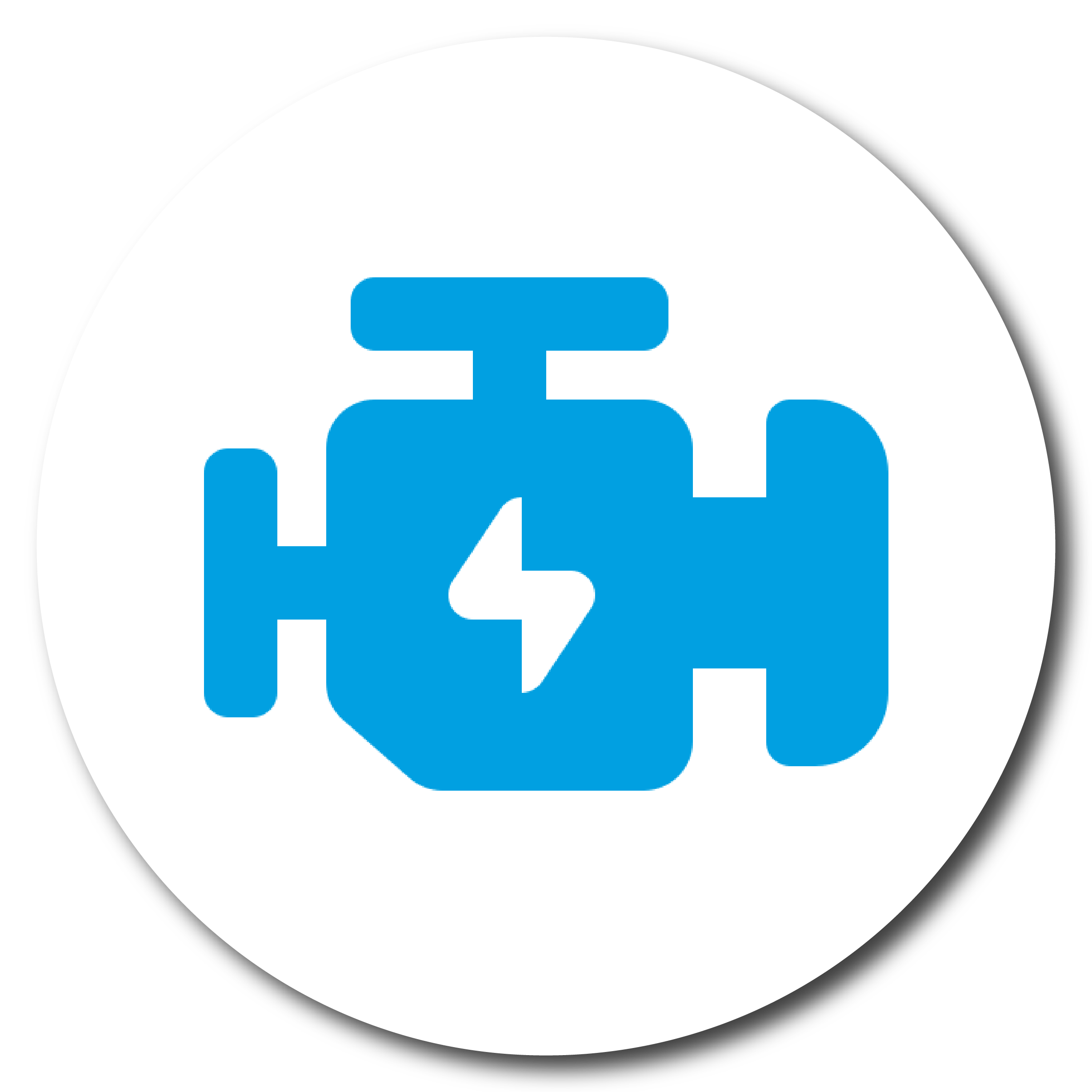 Blue engine icon with a lightning bolt inside a white circle.