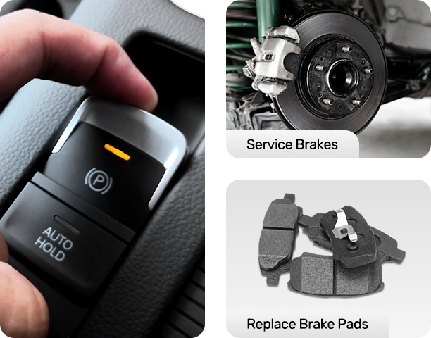 Collage of car brake components and a hand pressing an electronic parking brake button.