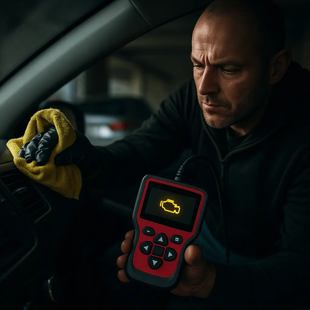 Man holding a diagnostic tool with engine icon inside a car.