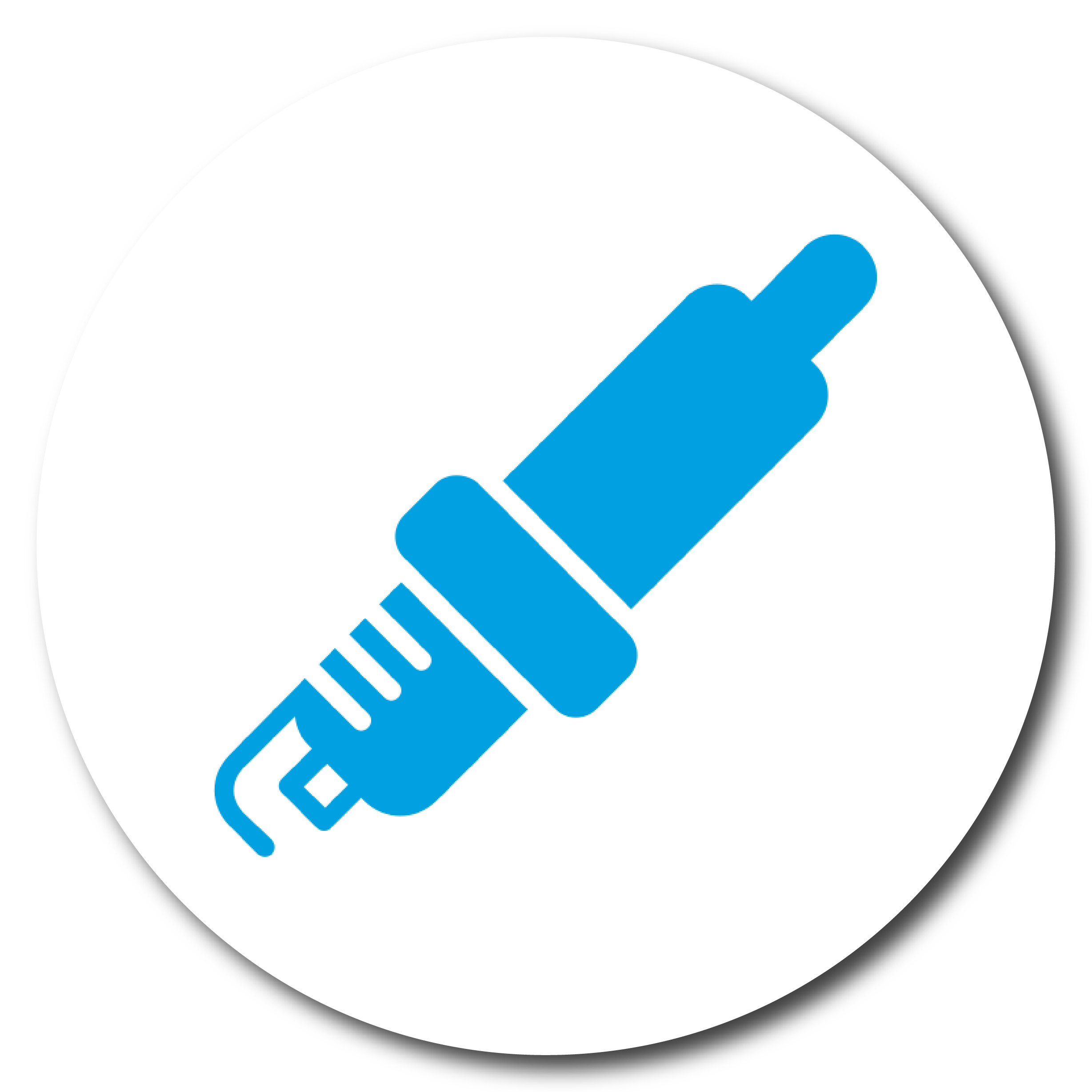 Blue spark plug icon on a white circular background.