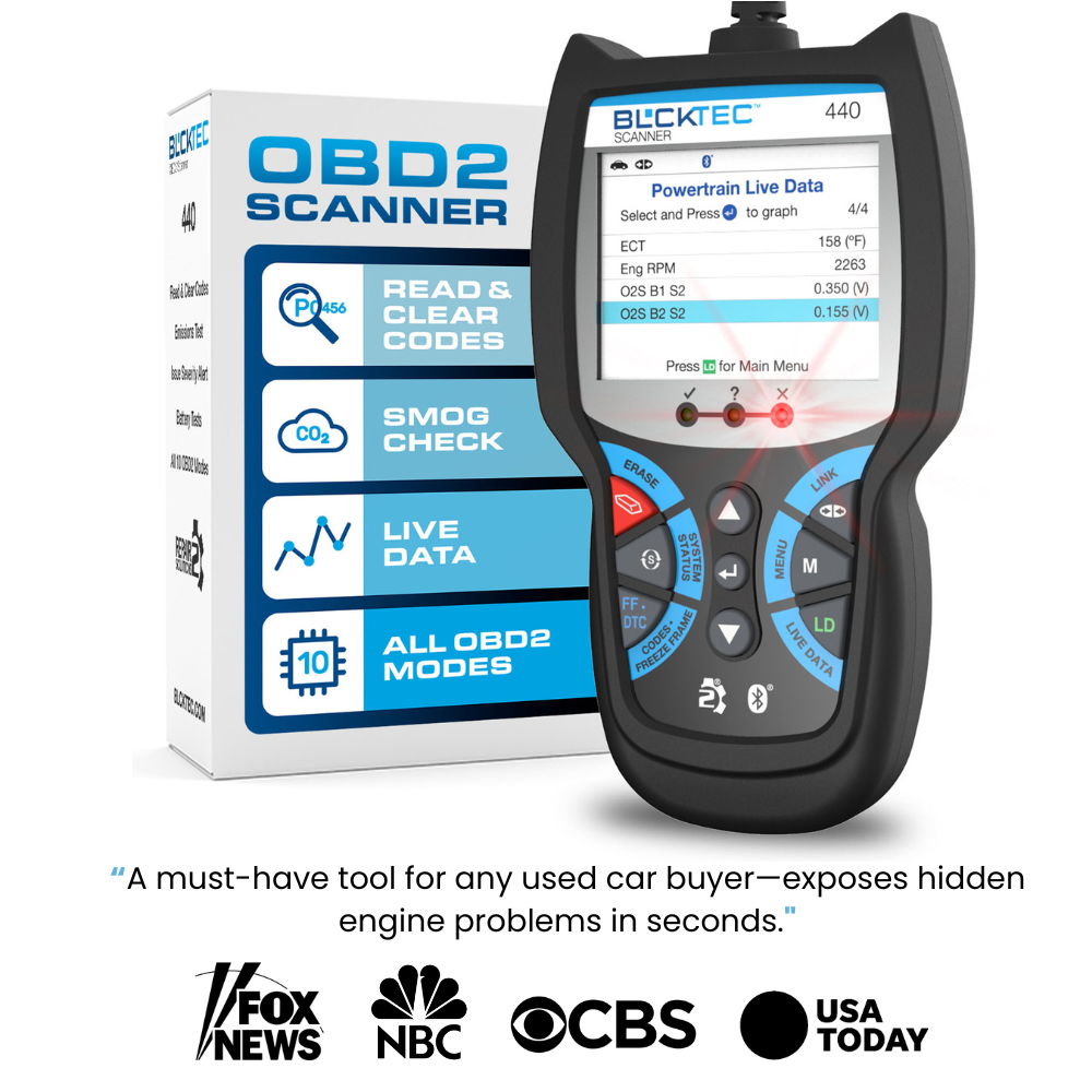 Bluetooth OBD2 scanner with features such as system scan, SRS & airbags, ABS & brakes, and live data features.
