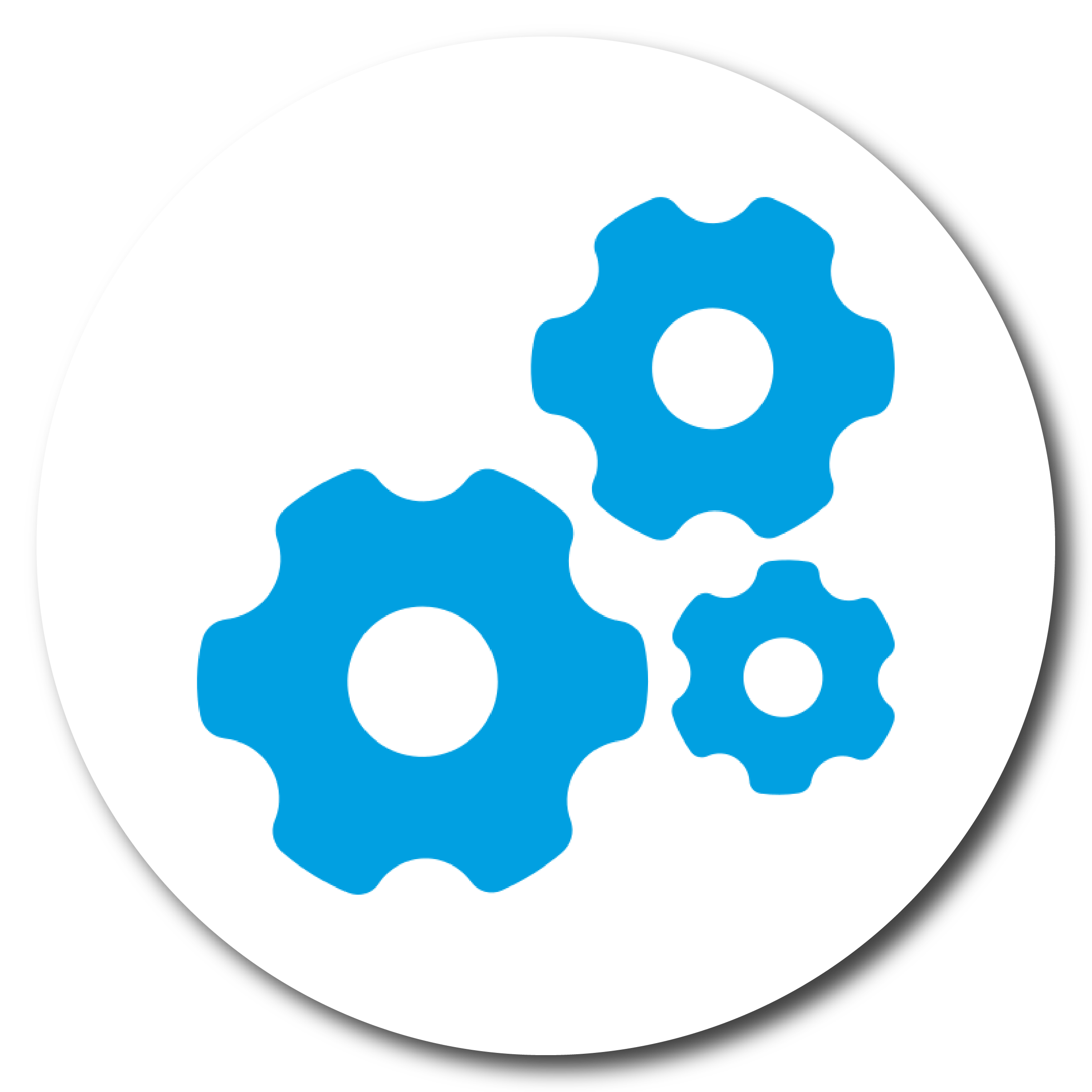 Three blue gears on a white circular background.