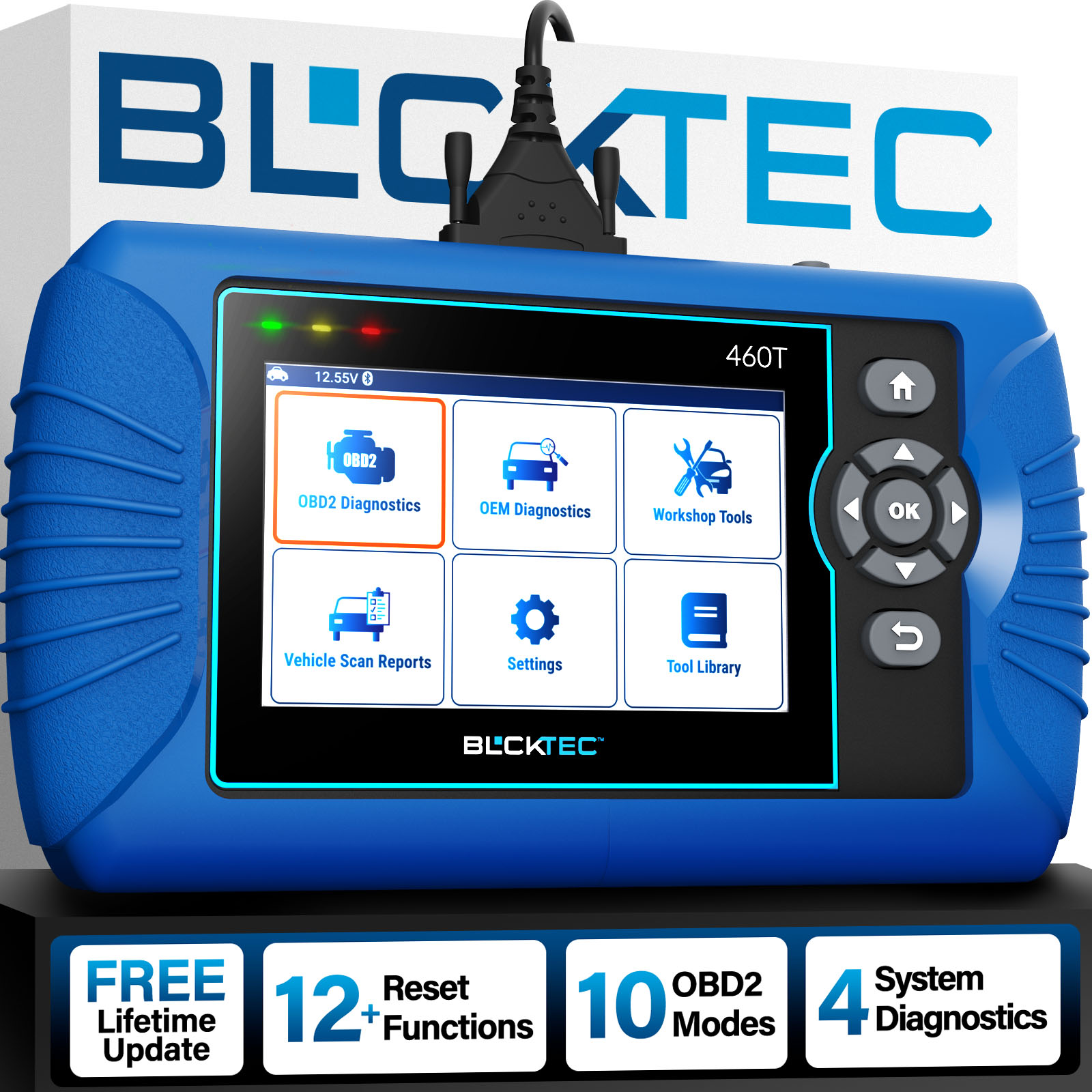 A blue automotive diagnostic tool with various function options displayed on its screen.