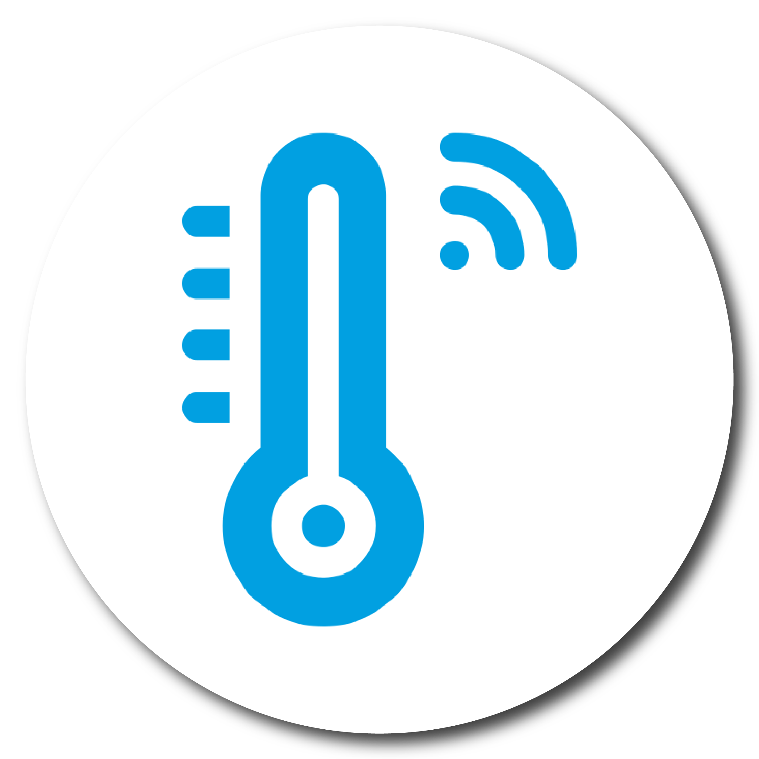 Blue thermometer icon with wireless signal lines on a white background.
