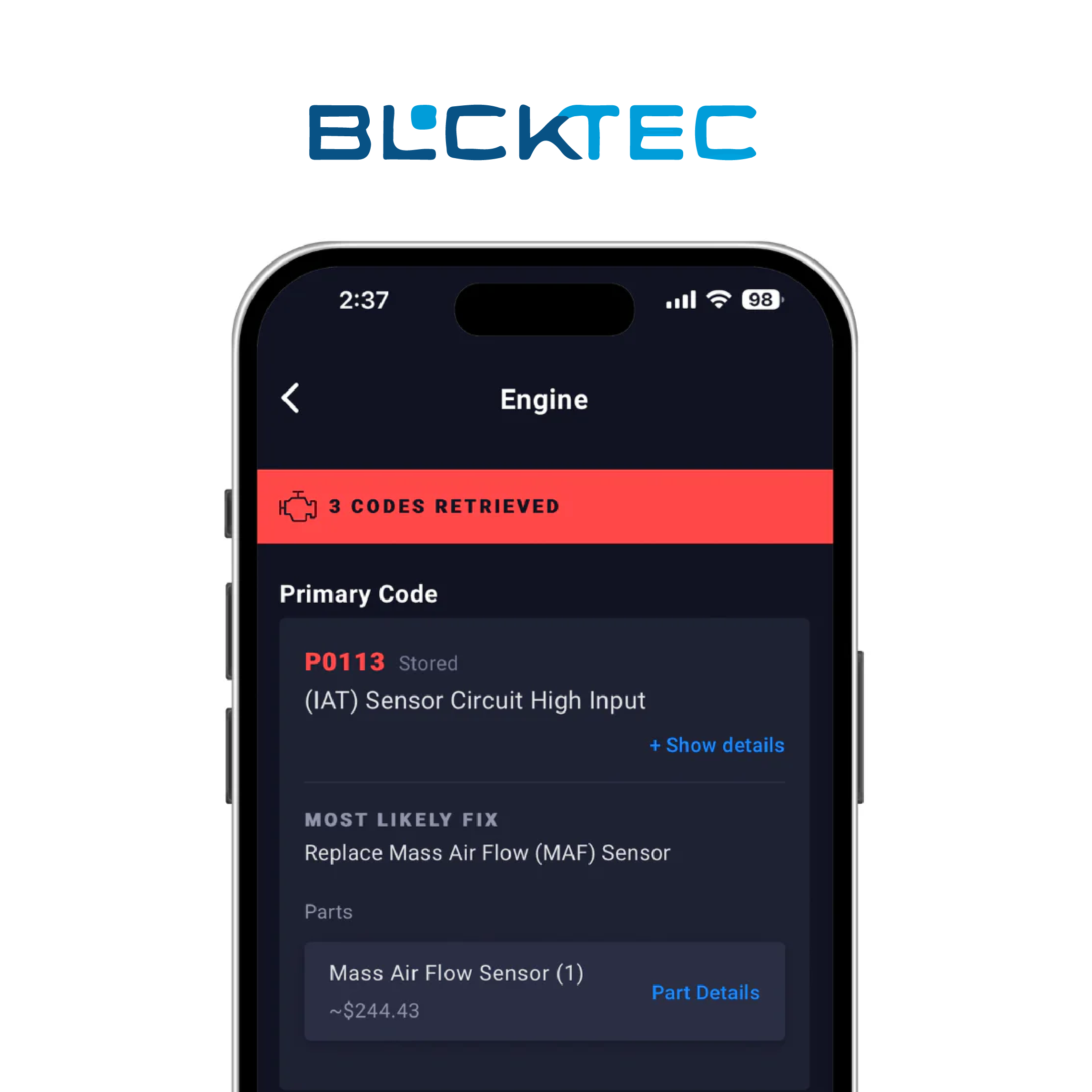 Smartphone screen displaying engine diagnostic codes and suggested fixes.