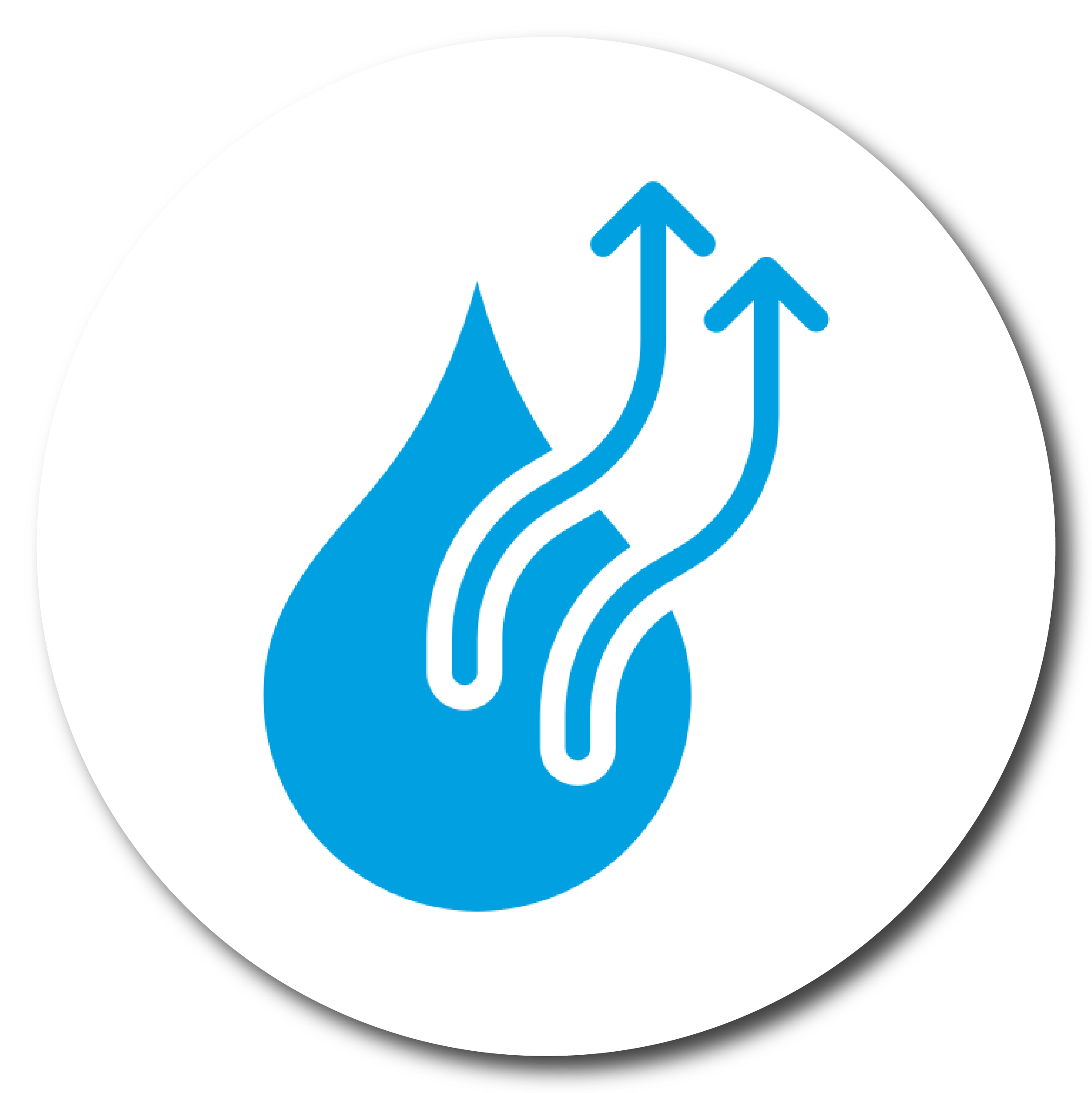 Blue water droplet with two upward arrows inside a white circle.