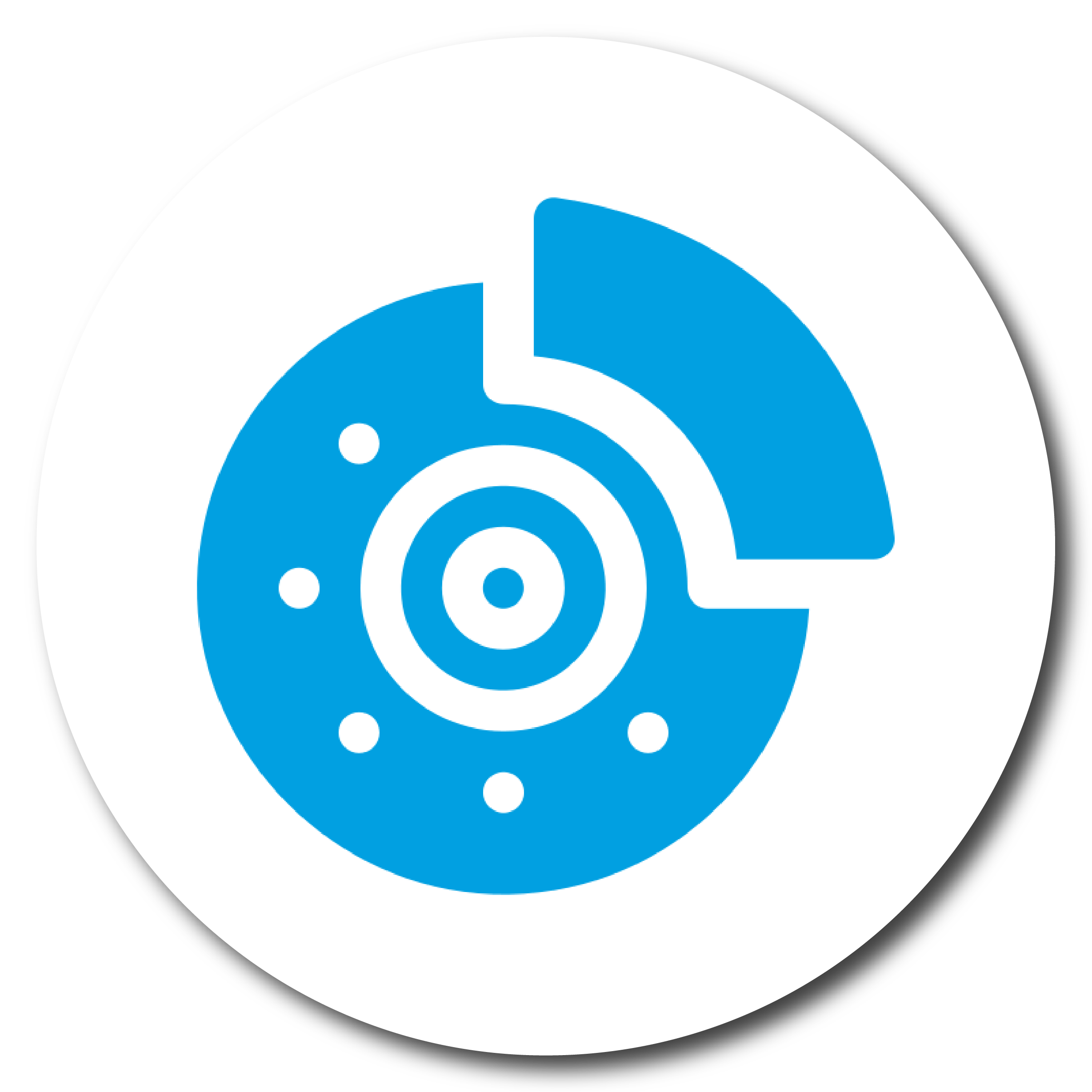 Blue brake disc icon on a white circular background.