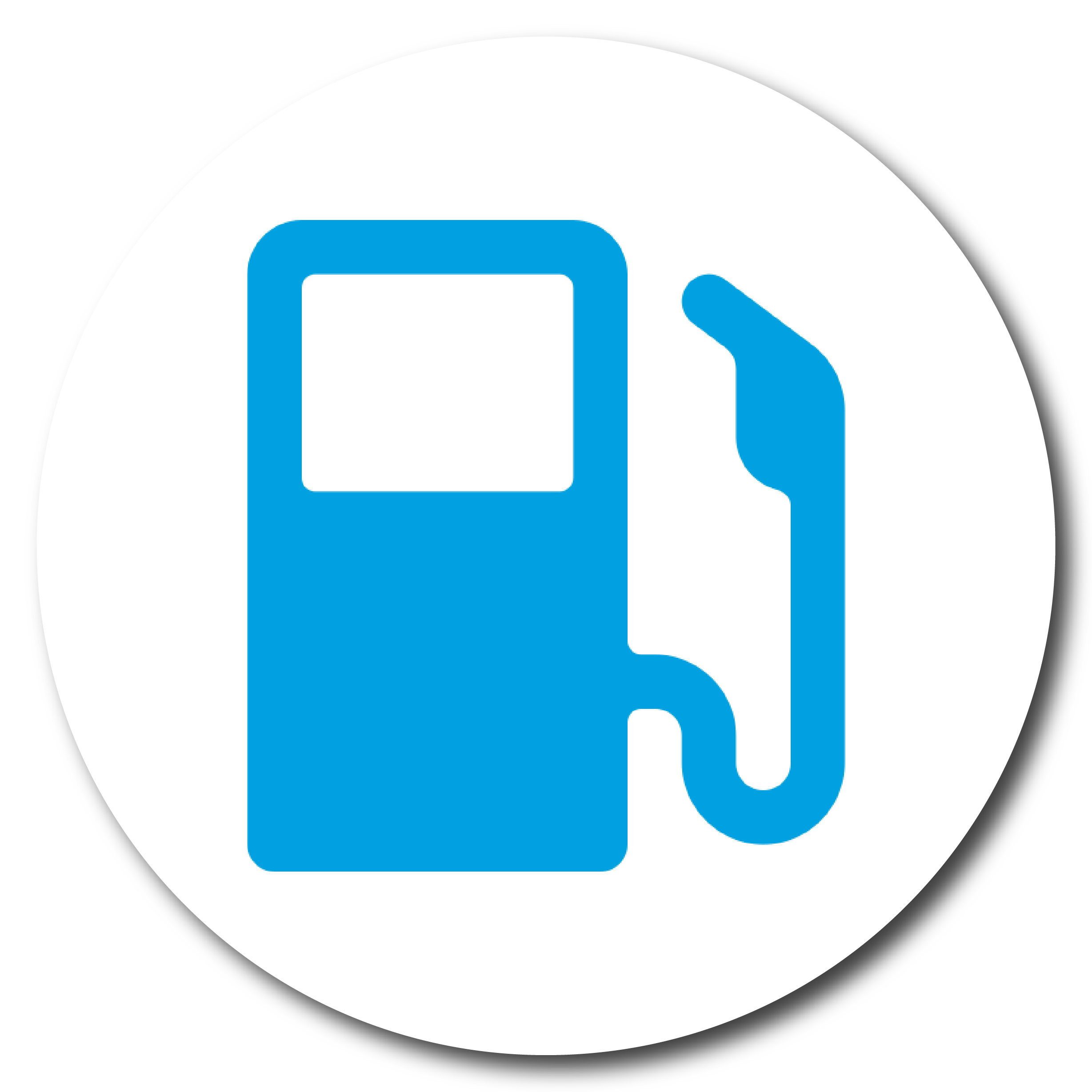 Blue gas pump icon on a white circular background.