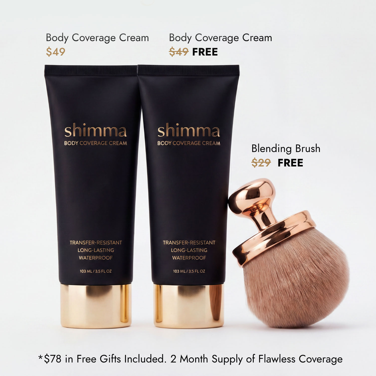 Two tubes of Shimma Body Coverage Cream and a blending brush against a white background.
