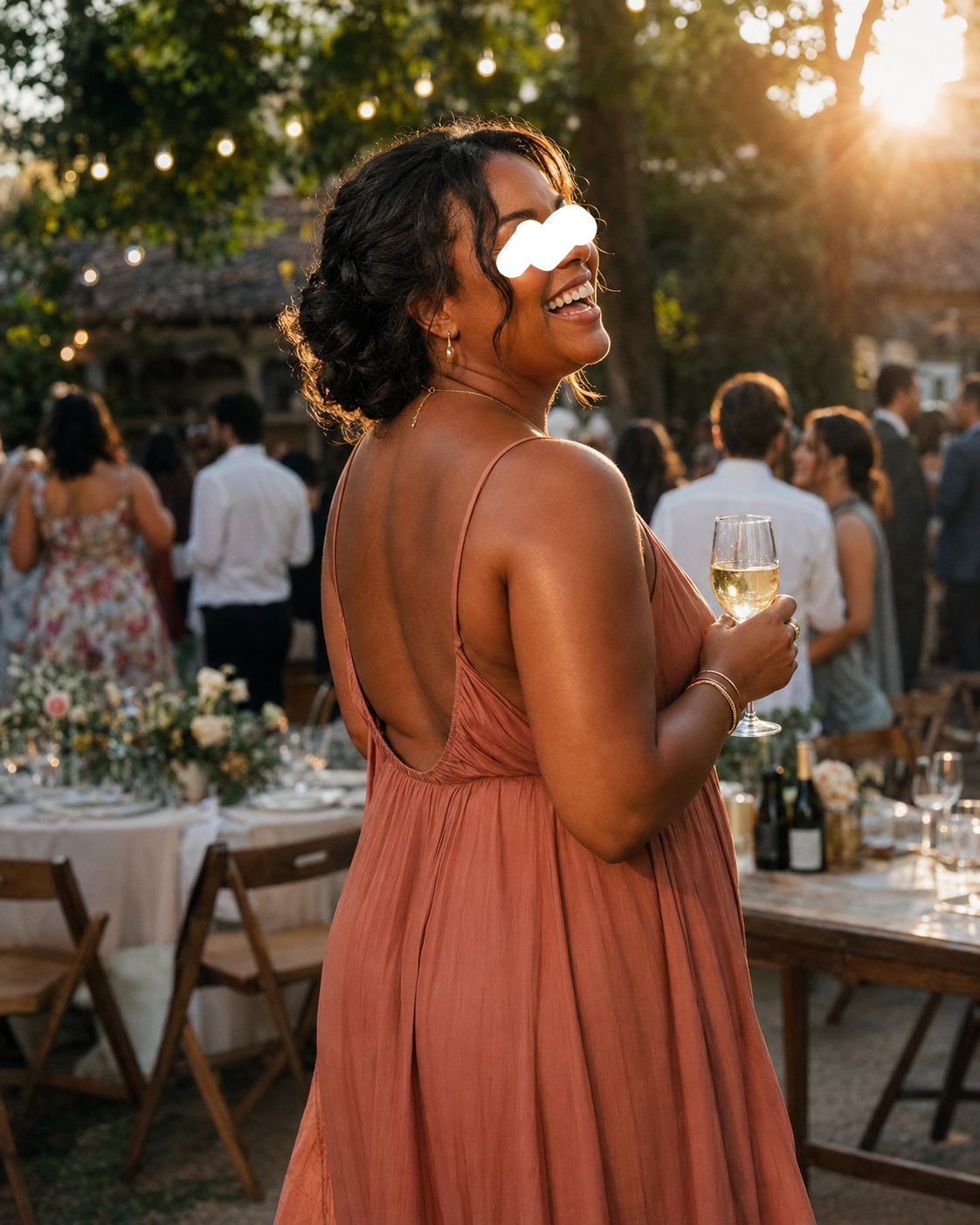 Nia at a wedding in a sleeveless dress, arms and back visible