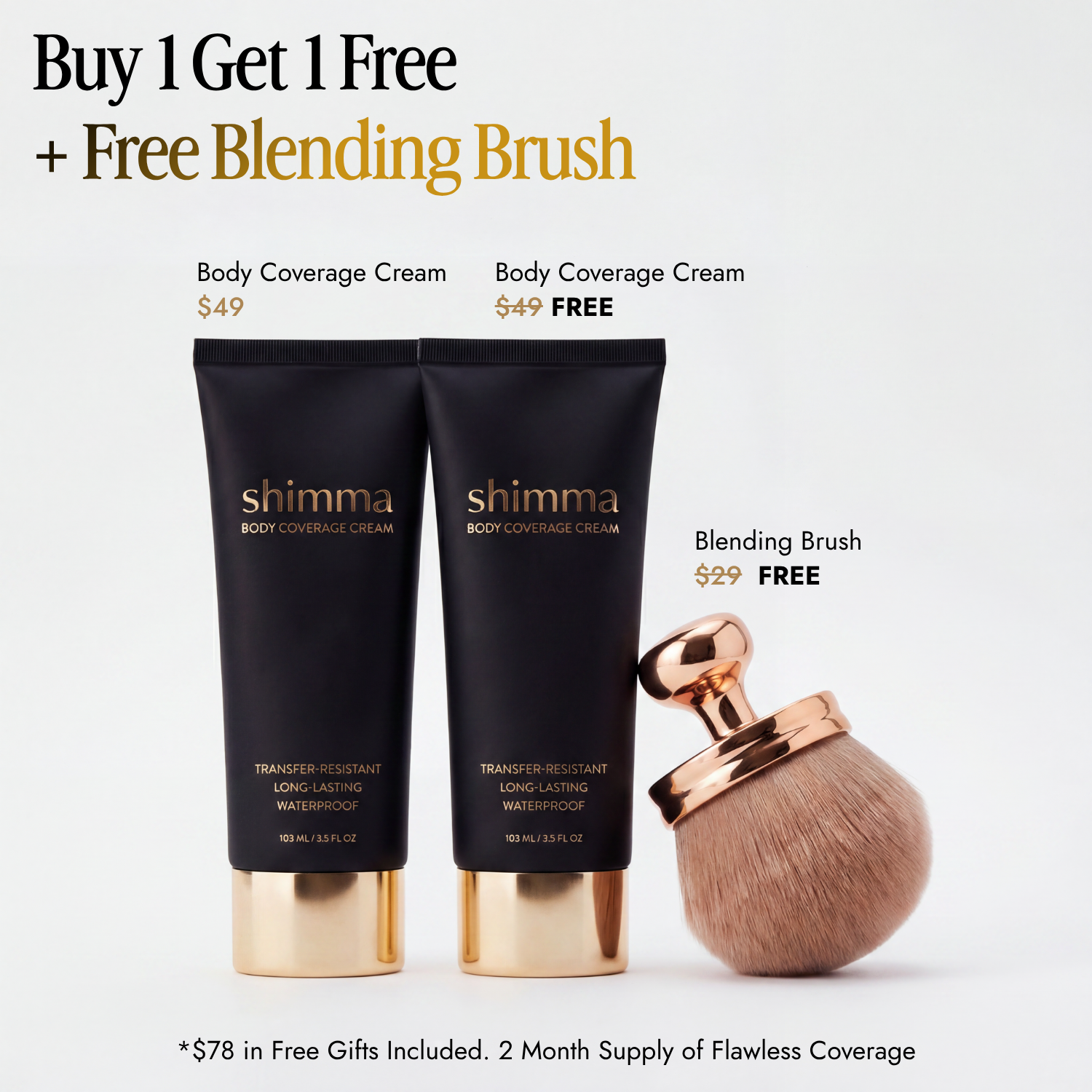 An advertisement for Shimma Body Coverage Cream showing two tubes and a blending brush with a promotional offer.