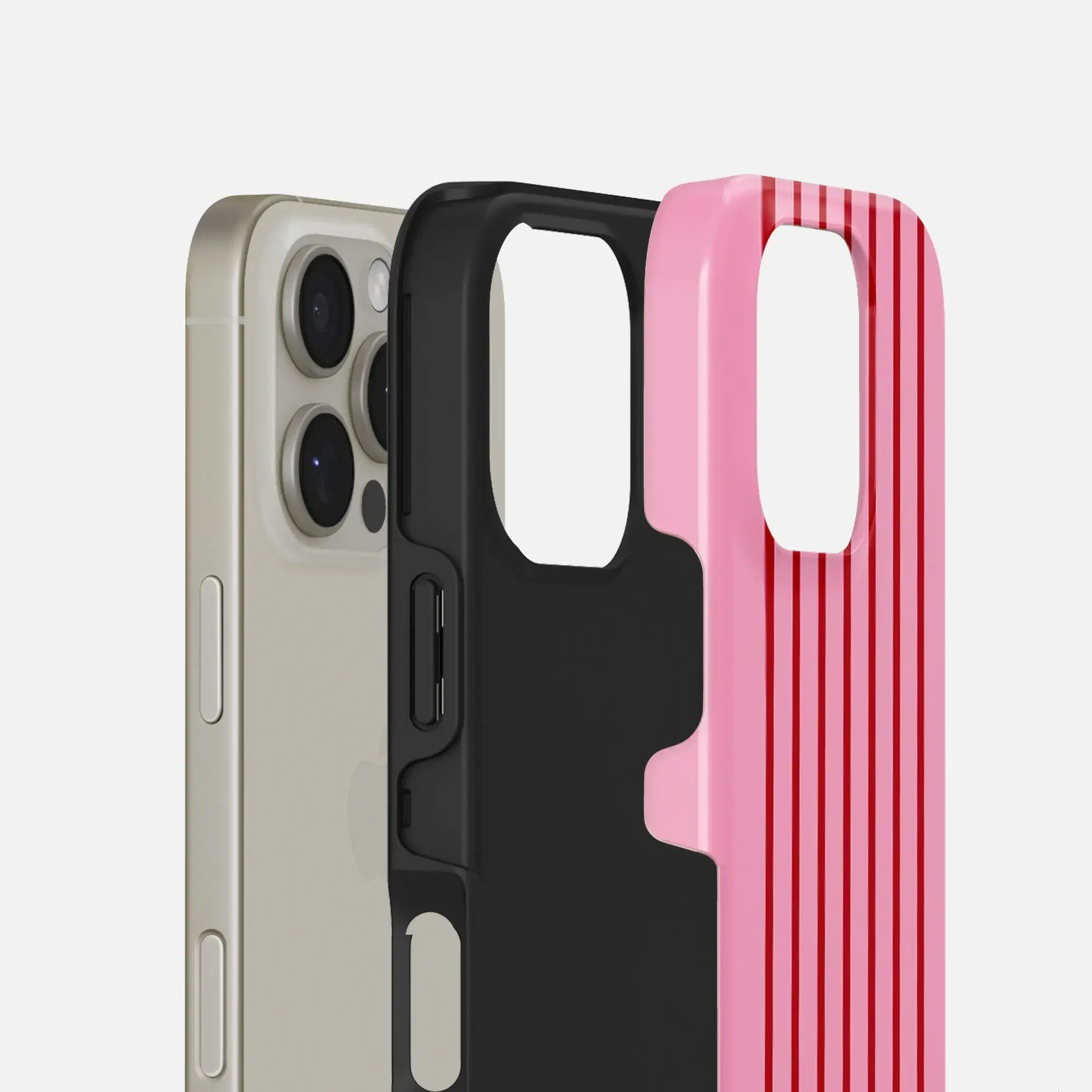 Smartphone with black and pink striped cases on a white background.
