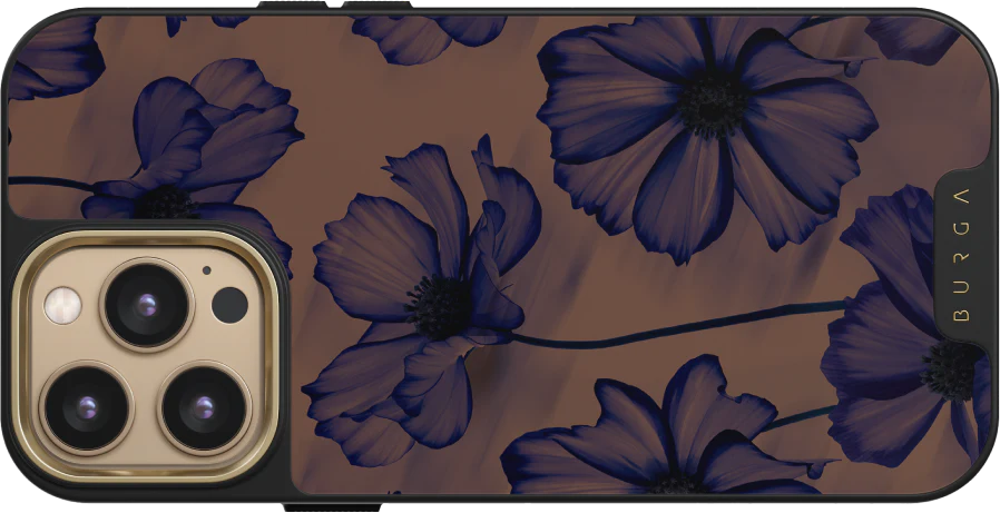 Phone case with blue flowers on a brown background.