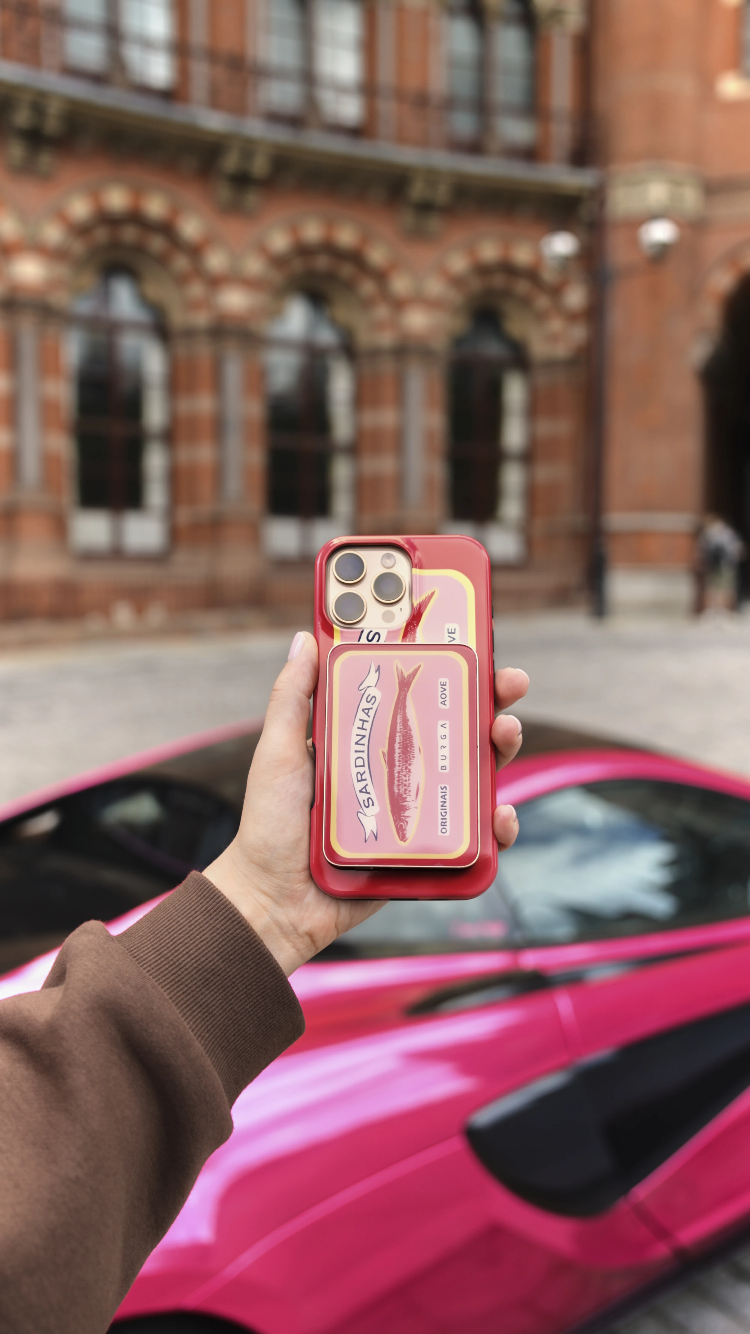 Hand holding phone with sardine-themed case, pink car in background.