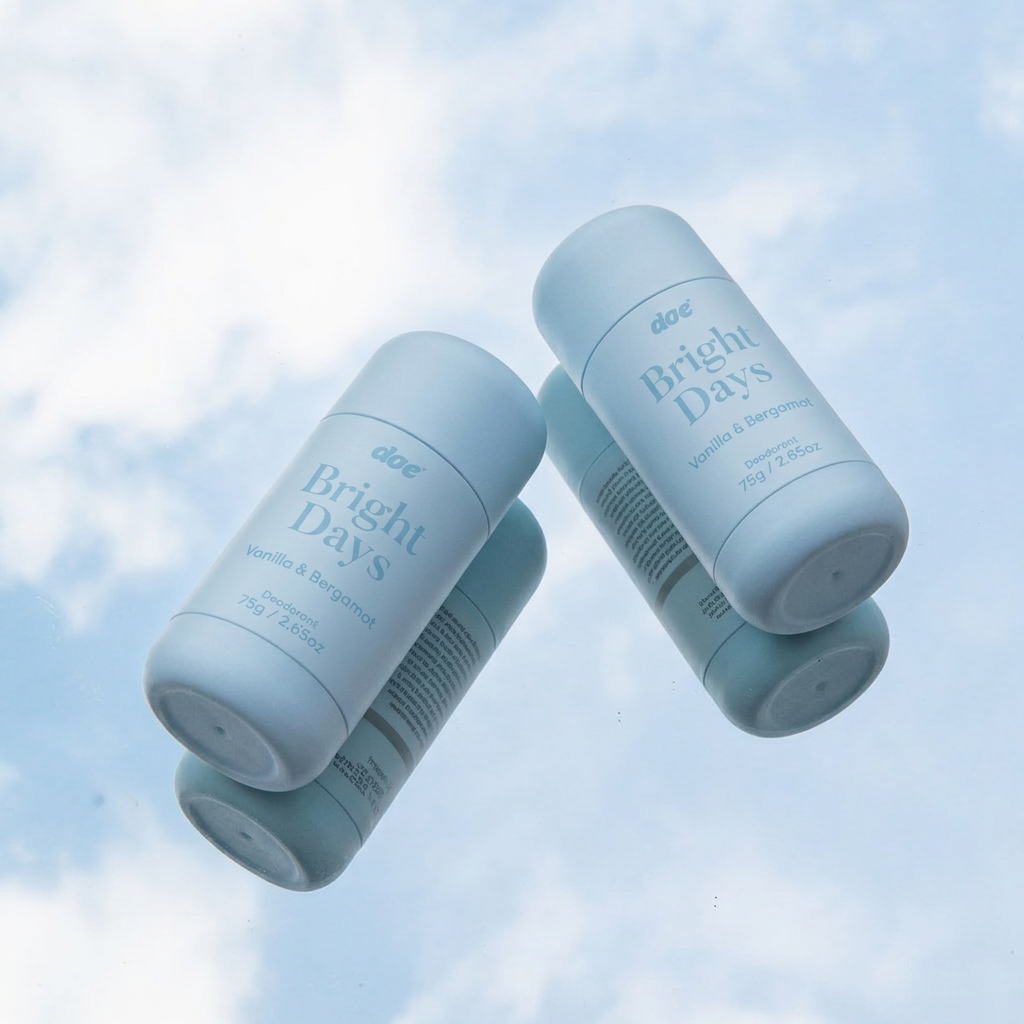Two light blue deodorant sticks on a mirror reflecting a cloudy blue sky.