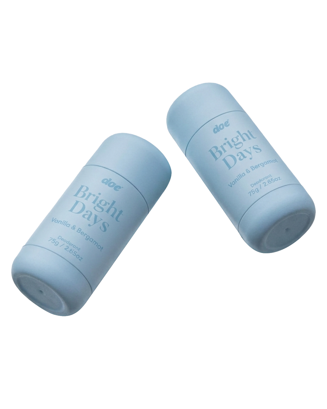 Two light blue tubes of doe Bright Days deodorant against a white background.