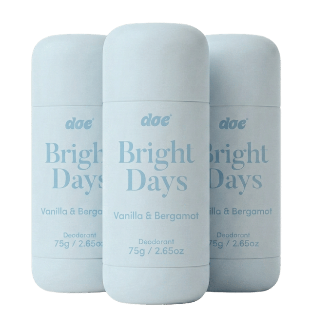 Three light blue sticks of 'doe Bright Days' deodorant in 'Vanilla & Bergamot' scent against a white background.