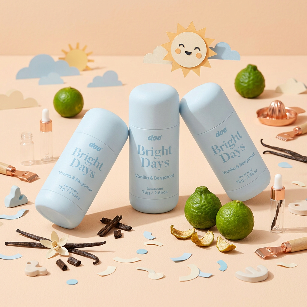 Three light blue dae deodorant sticks with vanilla beans, bergamot limes, and paper cutouts of a sun.