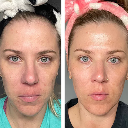 Two side-by-side photos of a woman with different headbands and expressions.