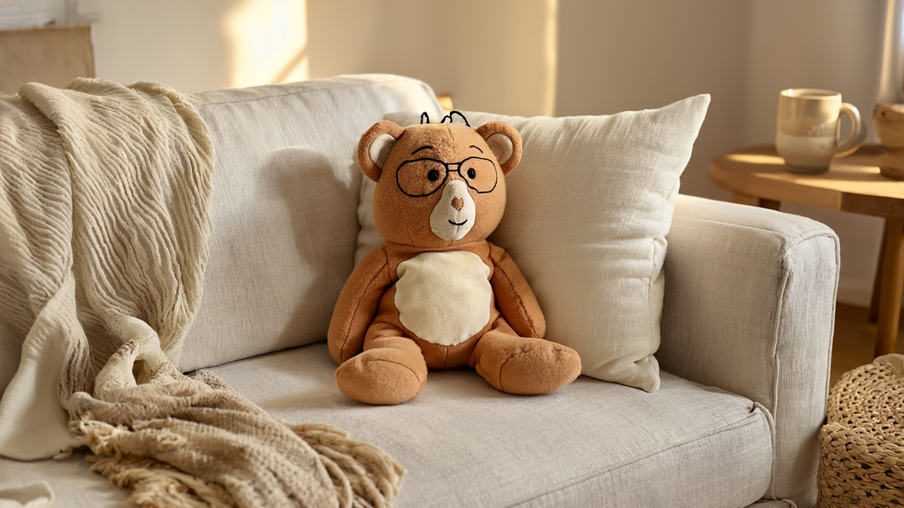 Teddy bear with glasses on a beige sofa with pillows and a blanket.