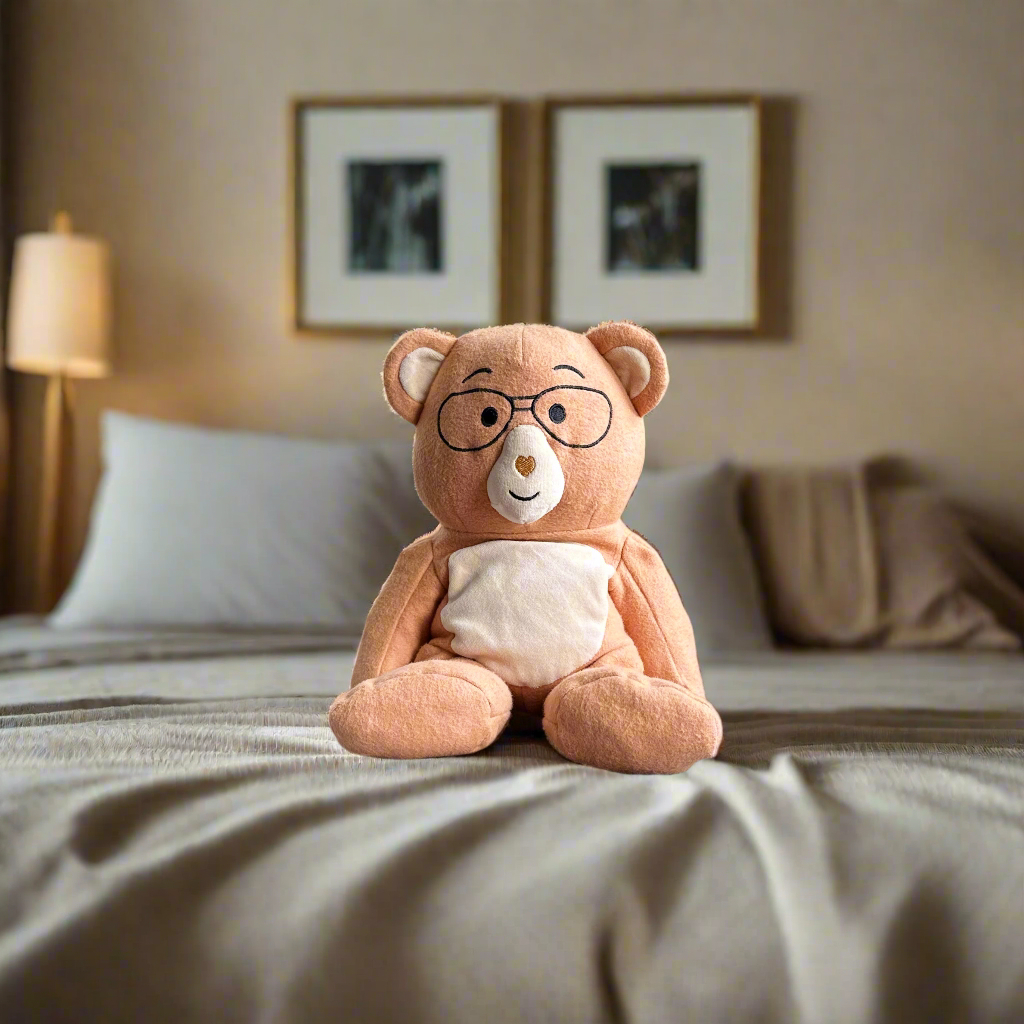 Stuffed bear with glasses on a neatly made bed in a cozy room.