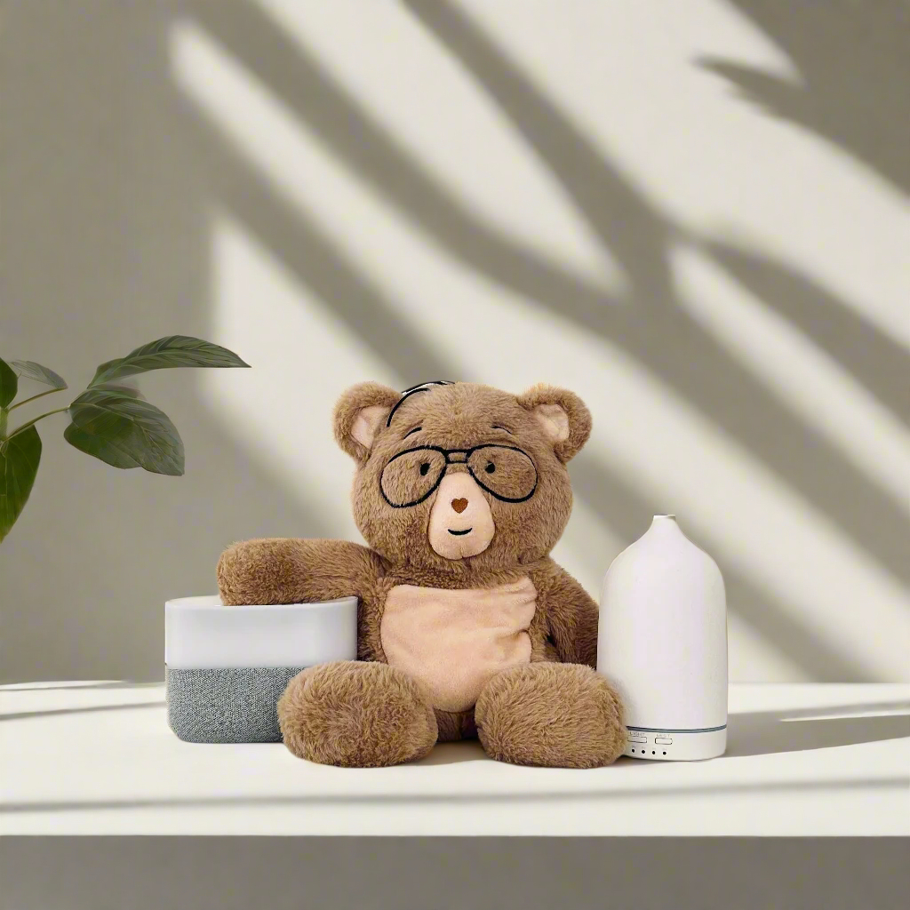 Teddy bear with glasses between a speaker and a diffuser on a table.