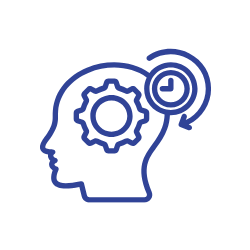Outline of a head with a gear and circular arrow inside.