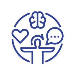 Icon with a person, heart, brain, and speech bubble inside a circle.