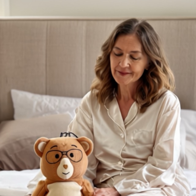 Woman in pajamas sitting on bed with a teddy bear wearing glasses.