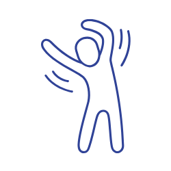 Simple line drawing of a person stretching with arms raised.