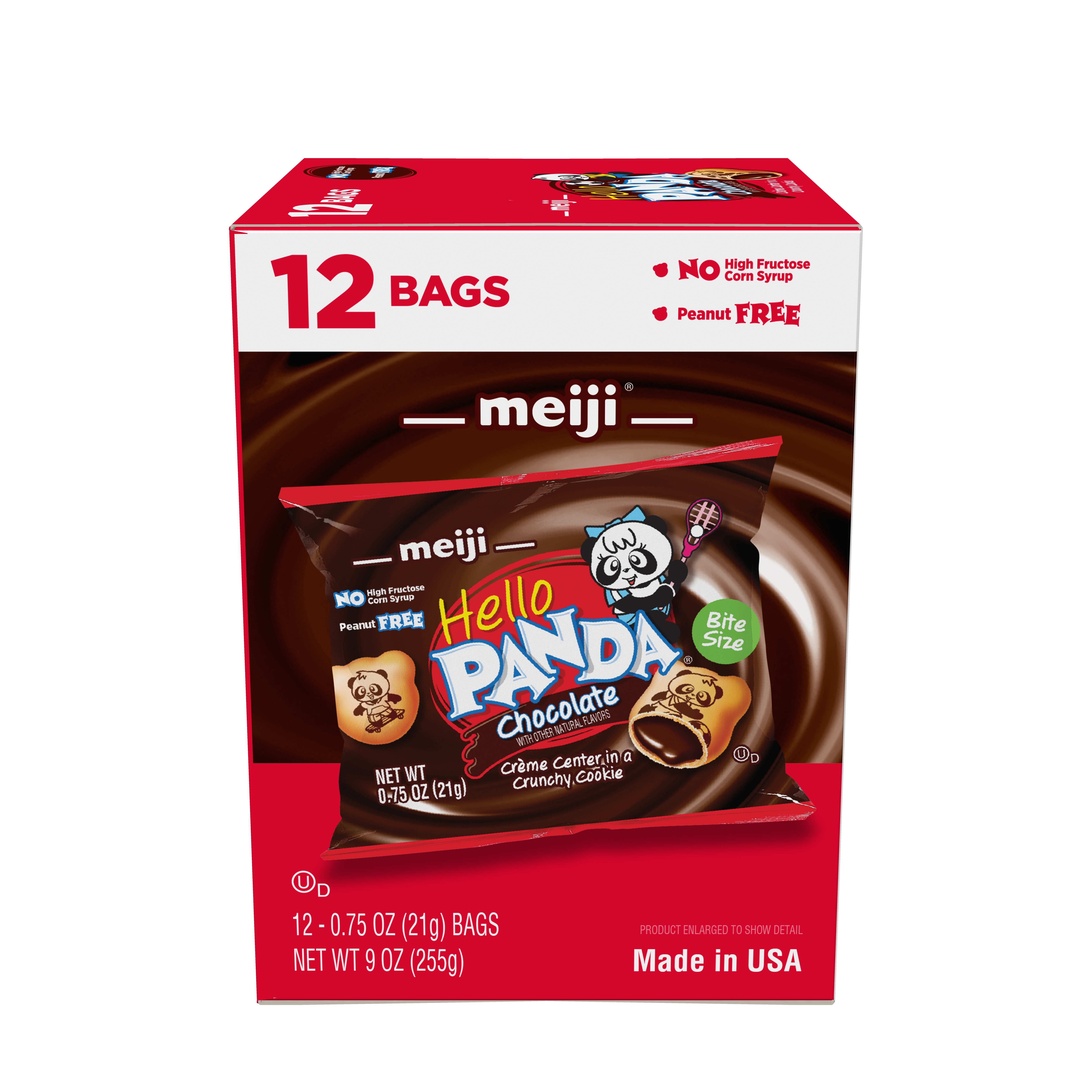 Box of Meiji Hello Panda chocolate snack bags, red and brown packaging, 12 bags.
