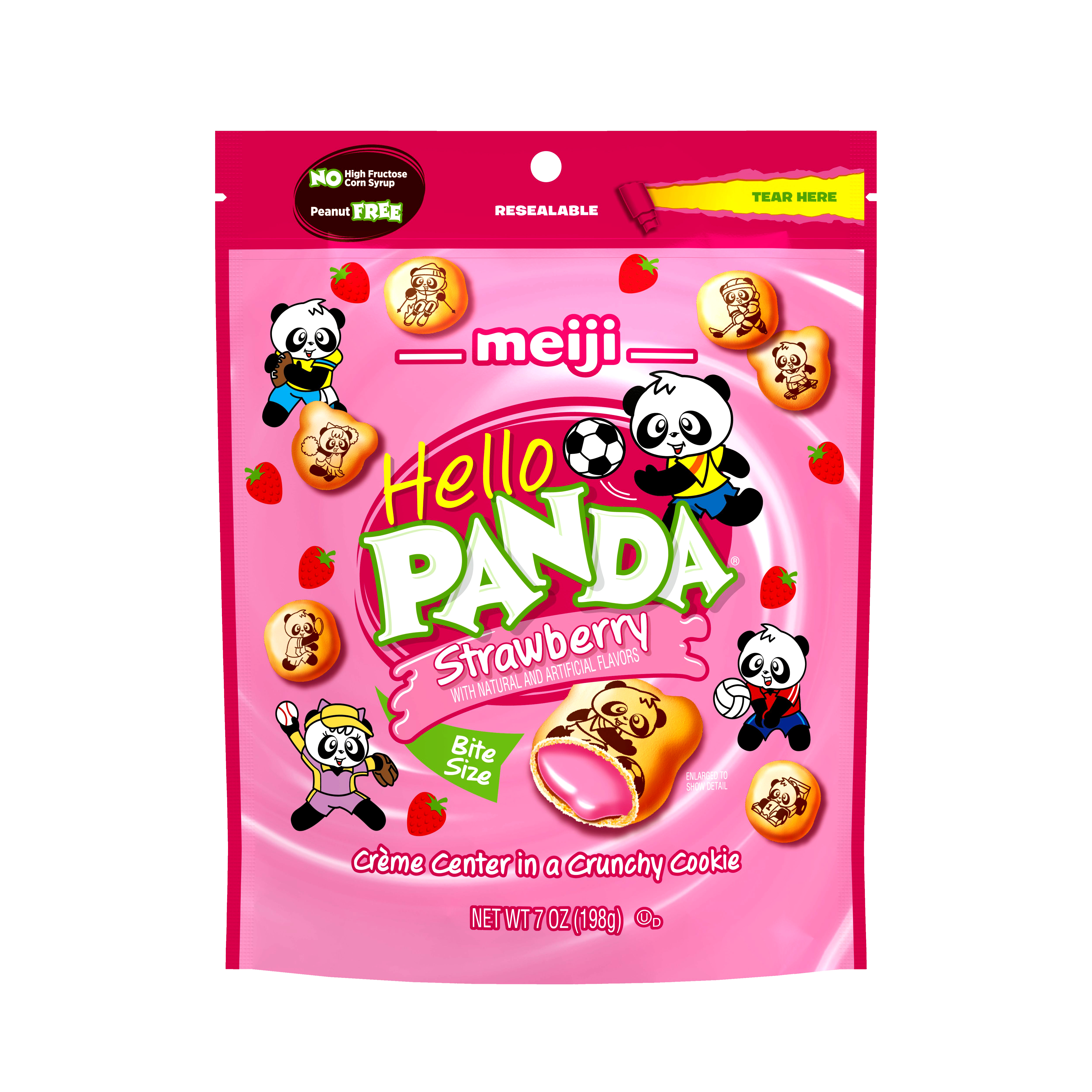 Pink packaging for Hello Panda strawberry cookies with panda illustrations.