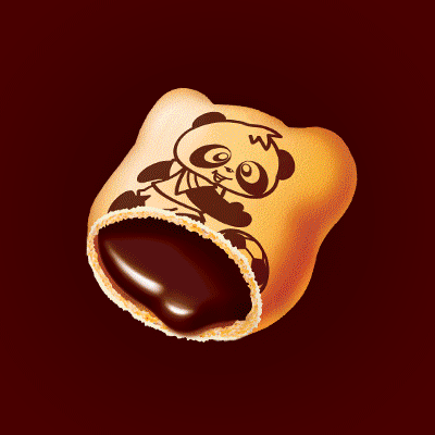 Biscuit with panda illustration and chocolate filling on a dark background.