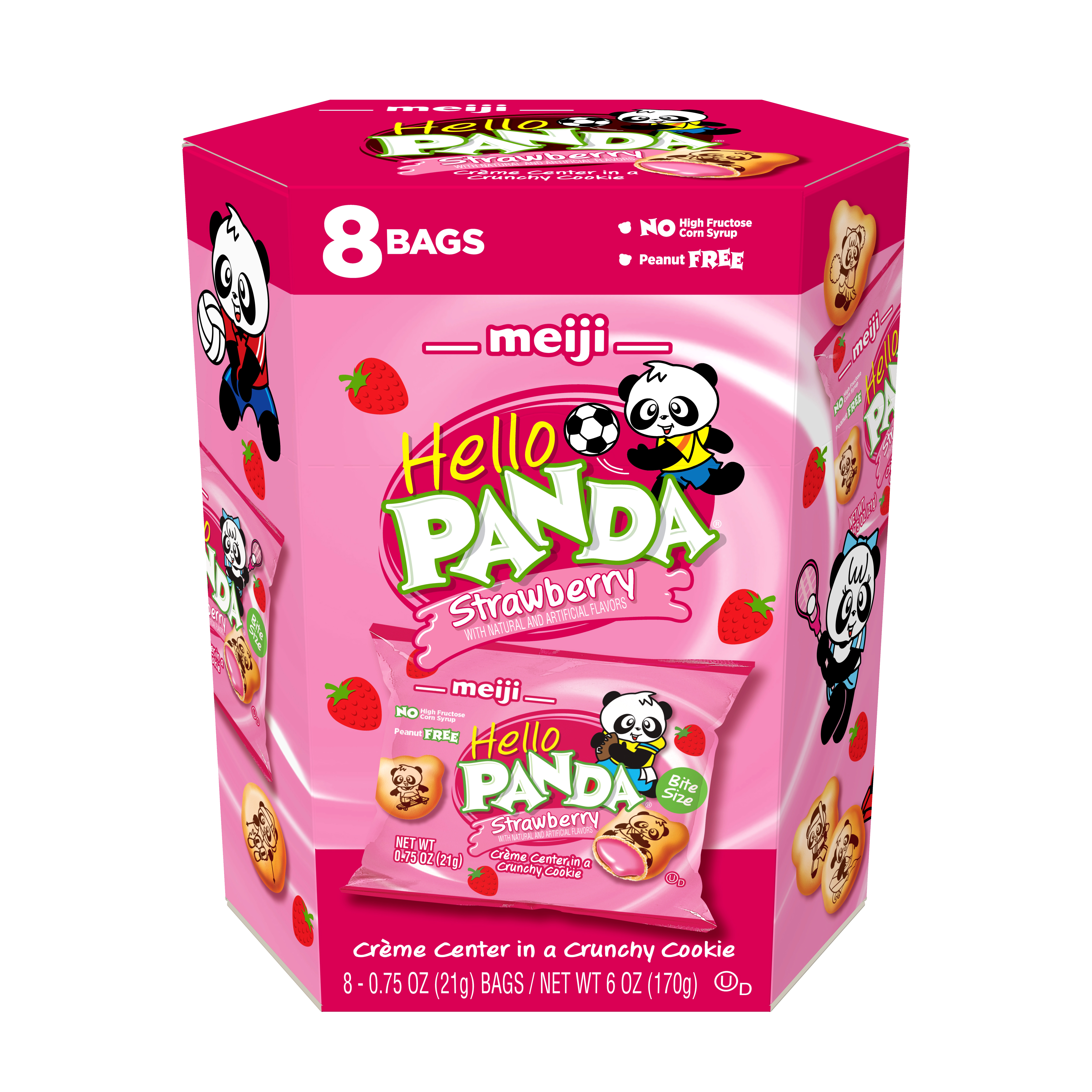 Pink Hello Panda strawberry snack box with panda illustrations and strawberries.