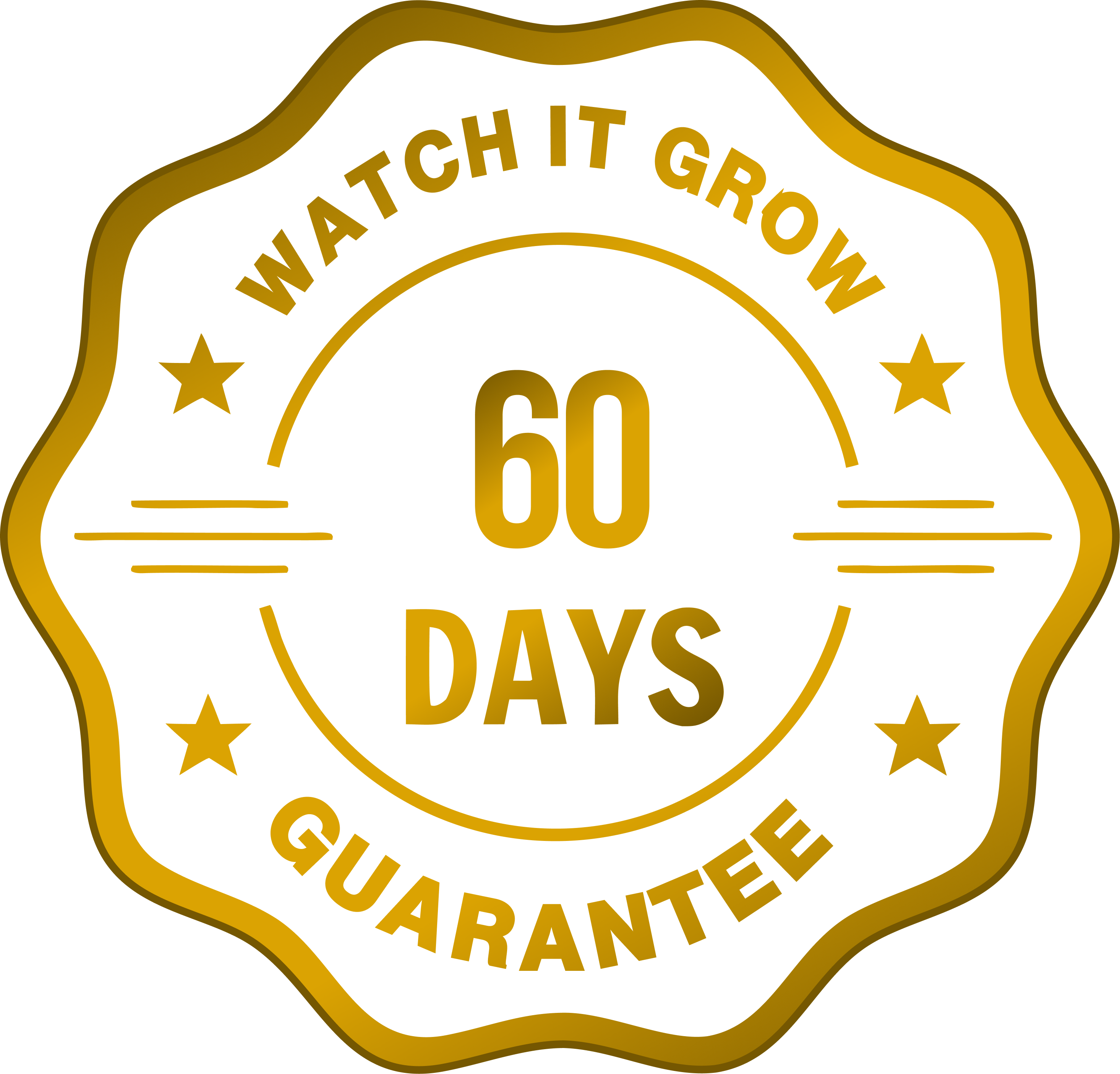 A gold seal graphic that reads, 'Watch It Grow 60 Days Guarantee' with four stars.